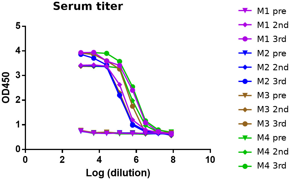 Serum titer curves plotting OD450 against log dilution for four mice across three bleeds.